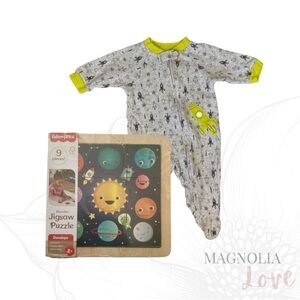 🪐 Space Baby Shower Gift Set Planet Puzzle Rocket Print Kids Footed Sleeper 3-6M
